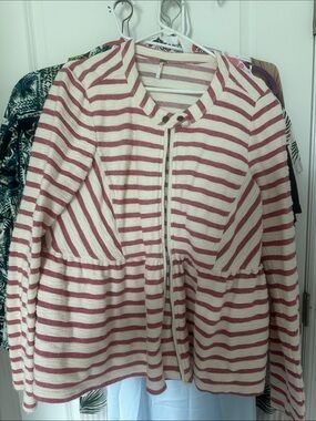 Free People Cream and Dusty Pink Striped Zip Front Jacket